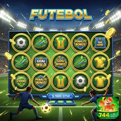 Imagem de jogo de slot de futebol no 744bet, com símbolos e rolos vibrantes.